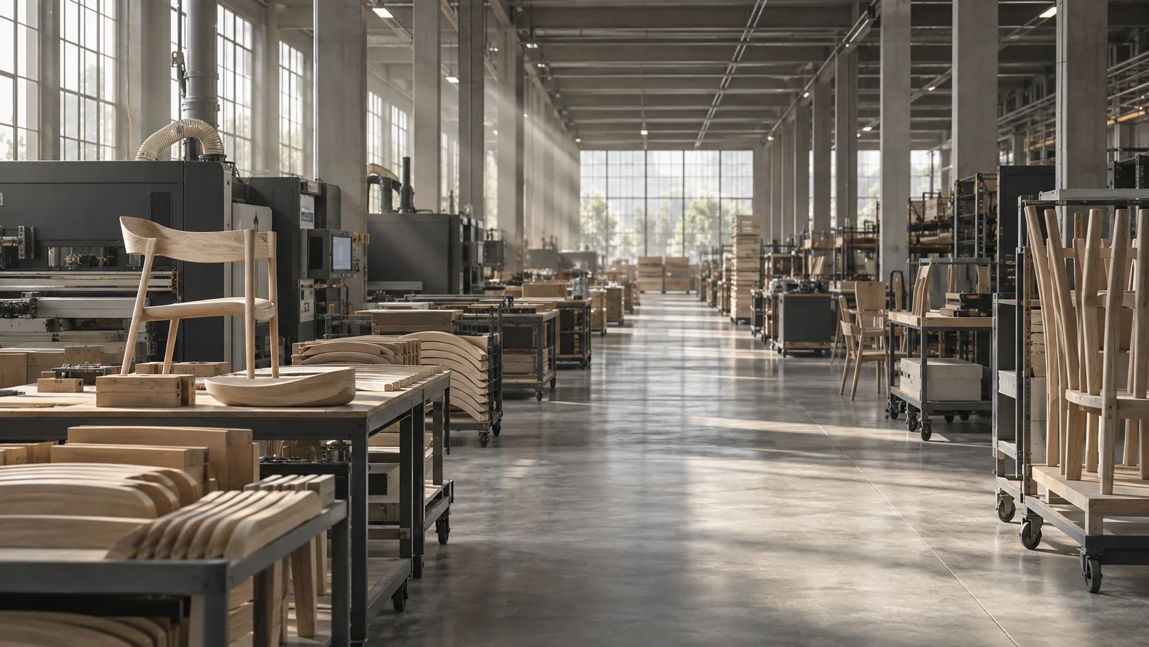 Furniture components and workstations inside a sunlit factory